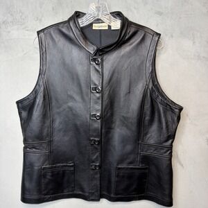 TravelSmith Womens XL Black 100% Leather Vest Button Front Pockets Lined